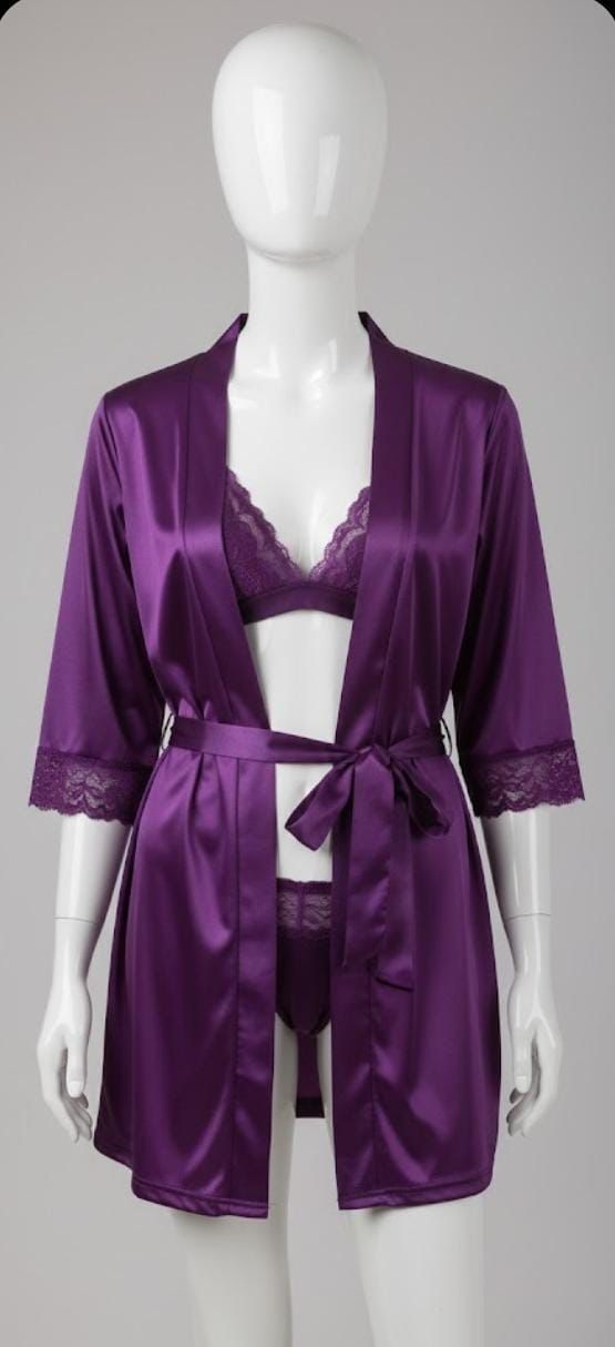 Isabella Luxe Satin &amp; Lace Robe Set – Royal Amethyst