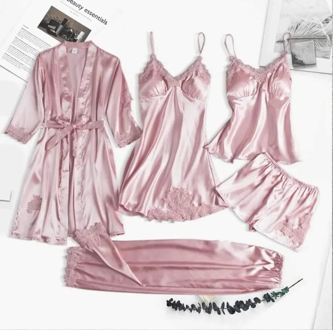 Premium 5-Piece Women’s Silk Satin Nightwear Set – Lace Trim Robe & Pajama Sleepwear