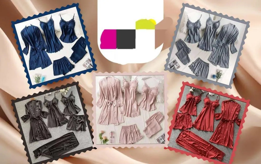 Premium 5-Piece Women’s Silk Satin Nightwear Set – Lace Trim Robe & Pajama Sleepwear