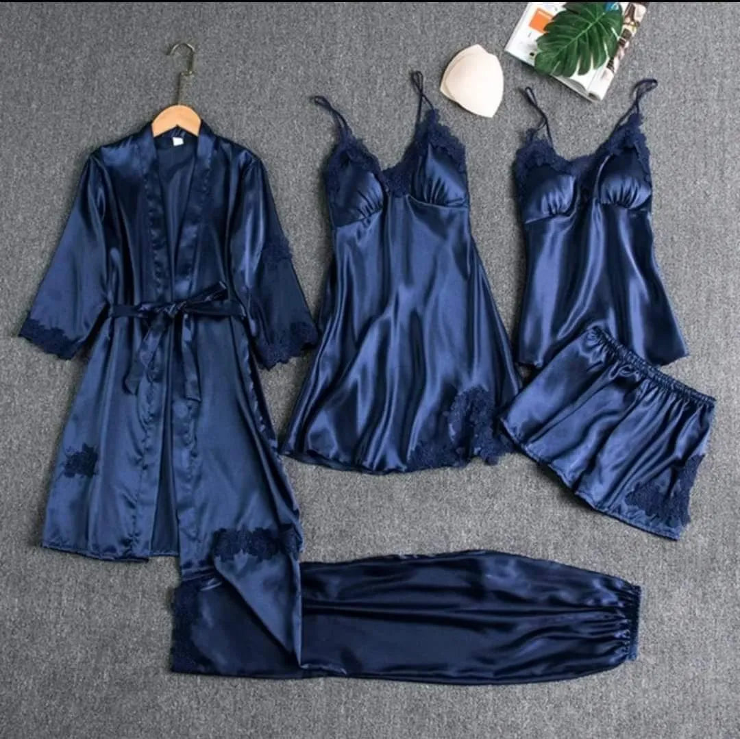 Premium 5-Piece Women’s Silk Satin Nightwear Set – Lace Trim Robe & Pajama Sleepwear