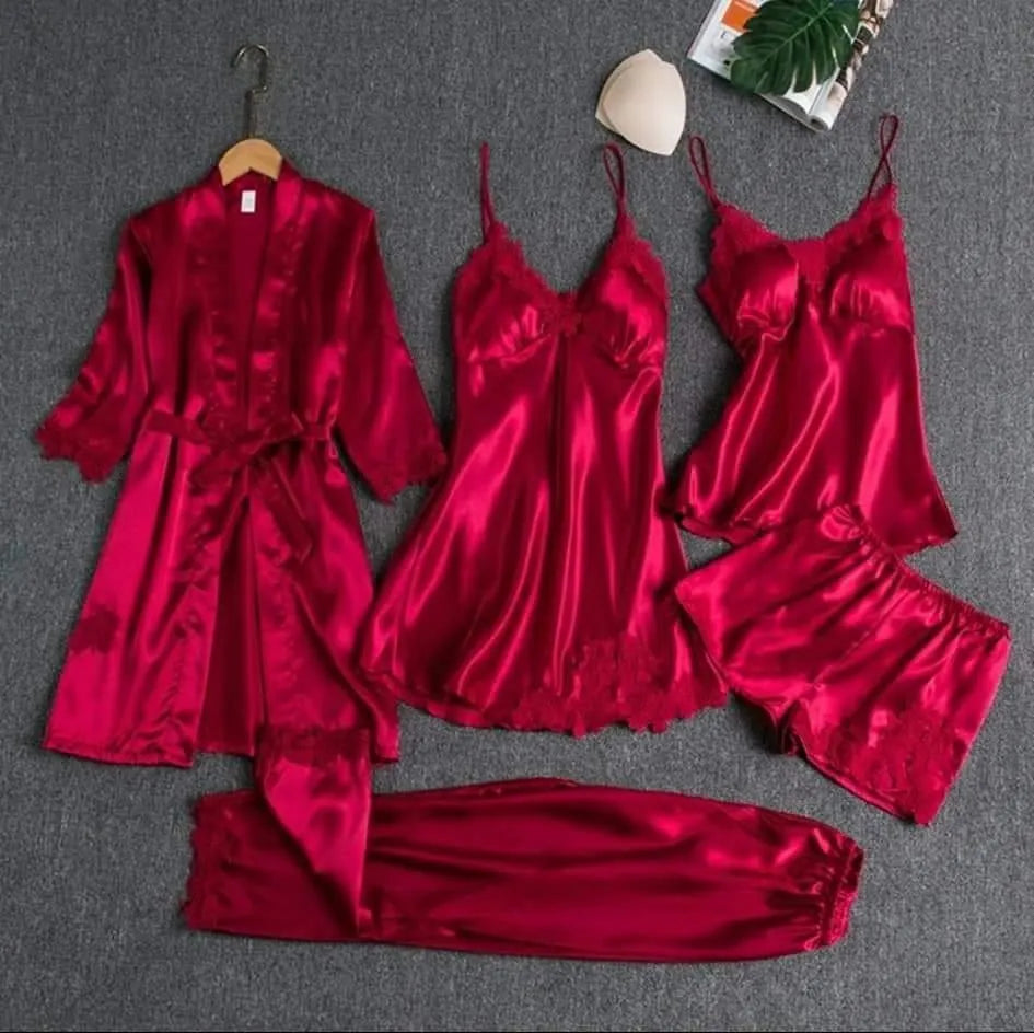 Premium 5-Piece Women’s Silk Satin Nightwear Set – Lace Trim Robe & Pajama Sleepwear