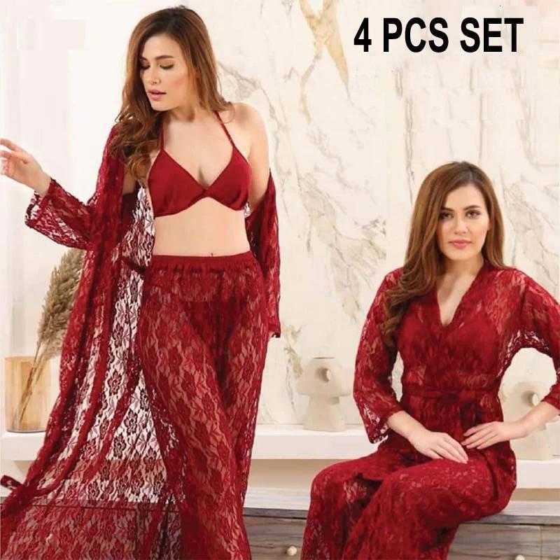 4-Pc Net Bridal Nighty Set | Free Size in Black & Maroon