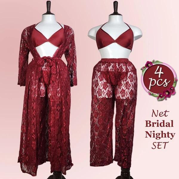 4-Pc Net Bridal Nighty Set | Free Size in Black & Maroon