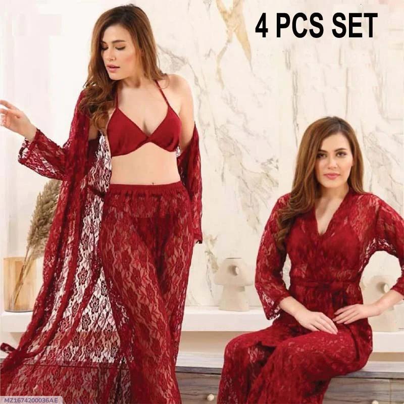 4-Pc Net Bridal Nighty Set | Free Size in Black & Maroon