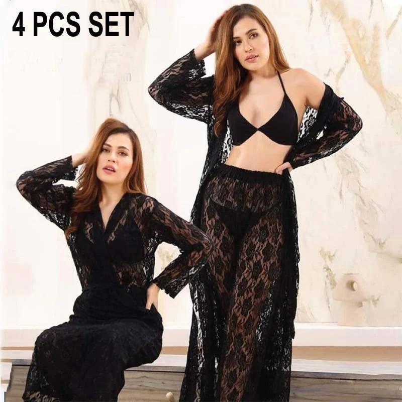 4-Pc Net Bridal Nighty Set | Free Size in Black & Maroon