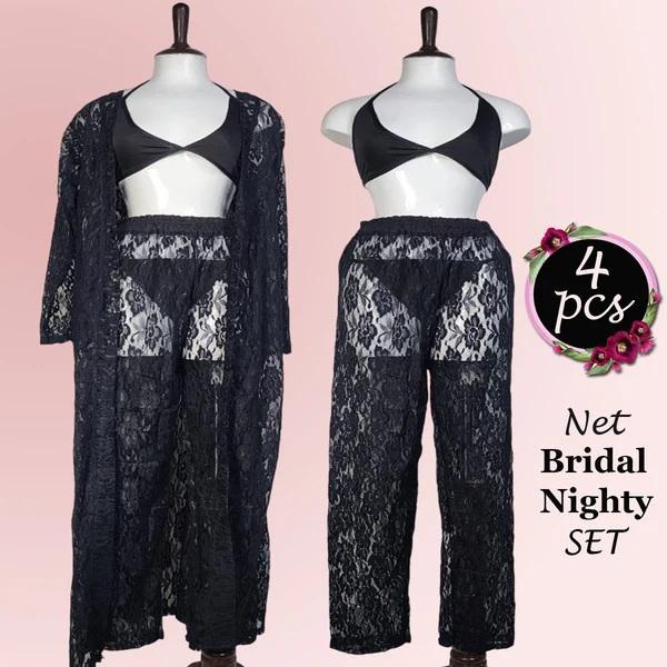 4-Pc Net Bridal Nighty Set | Free Size in Black & Maroon