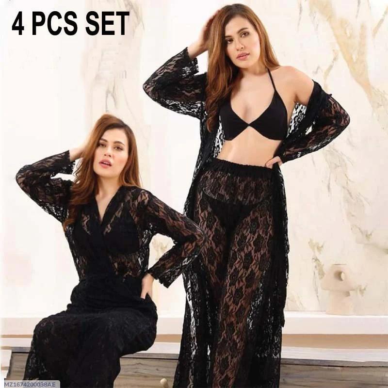 4-Pc Net Bridal Nighty Set | Free Size in Black & Maroon