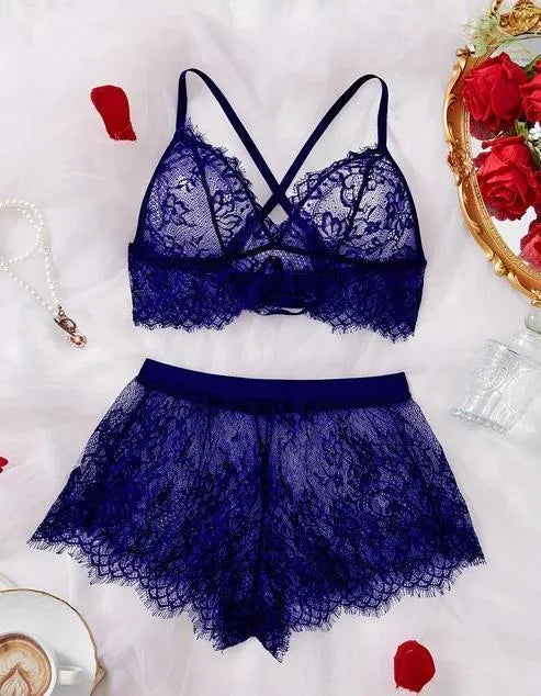 Luxury Floral Lace 2-Piece Nightwear Set – Bralette & High-Waist Shorts (Maroon/Blue)