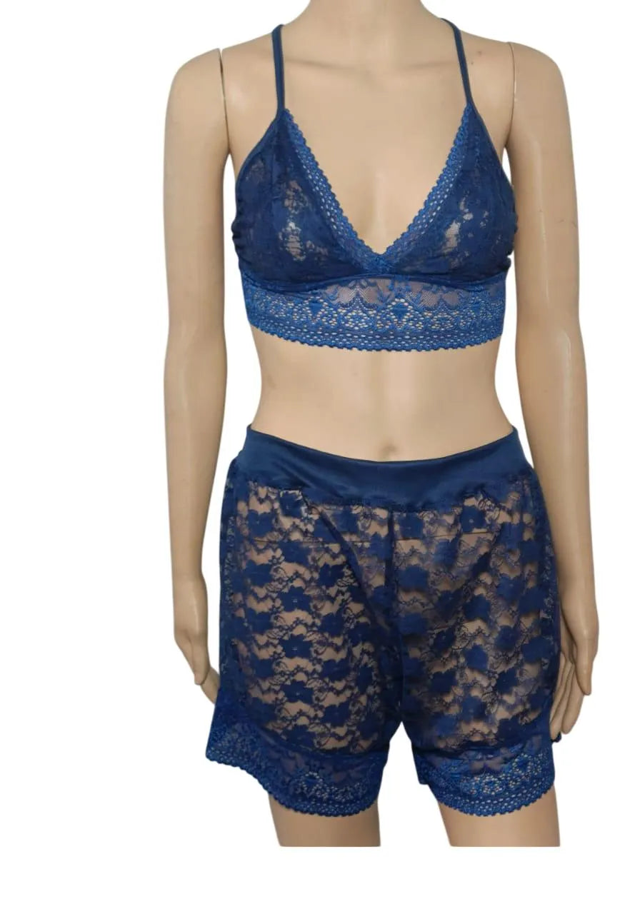 Luxury Floral Lace 2-Piece Nightwear Set – Bralette & High-Waist Shorts (Maroon/Blue)
