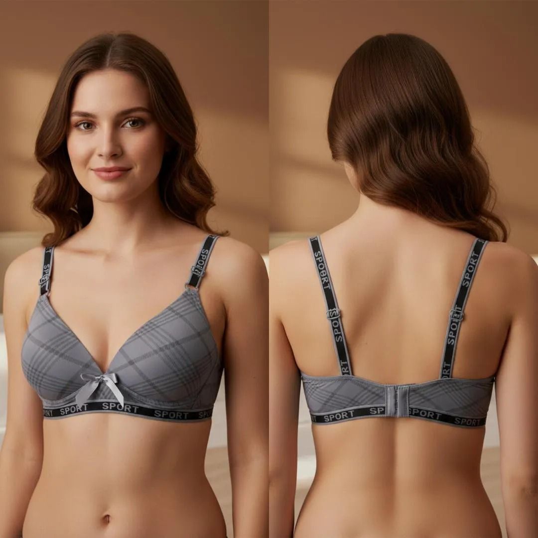 Emma Grid-Print Seamless Comfort Bra – Wireless Plaid Contoured Bralette